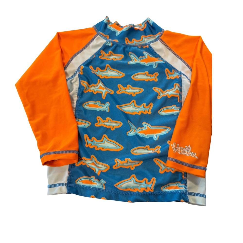 UV Skinz Boys‎ Shark Print Rash Guard Long Sleeve Swim Shirt Blue Orange Size 5